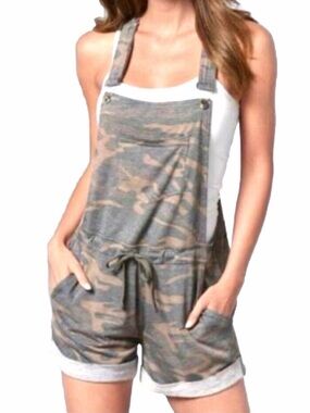 VENUS Comfy Camo Shorts Overalls Romper Soft Rolled Cuff Green/Brown Size Large